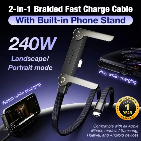 2-in-1 Braided Fast Charge Cable With Built-in Phone Stand