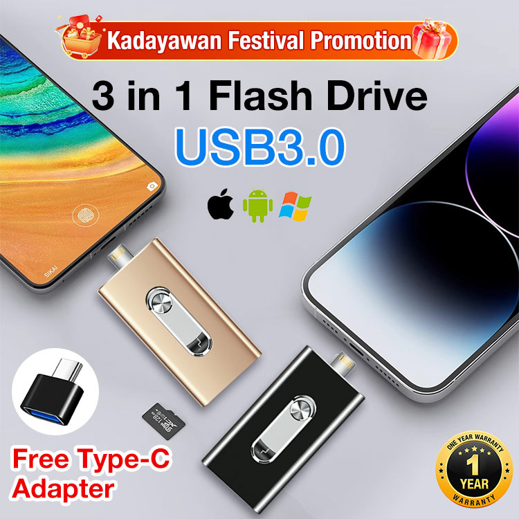 Kadayawan Festival Promo -  One year warranty - 3 in 1 Flash Drive - Applicable to multiple devices, Android/Apple/USB3.0/Type C